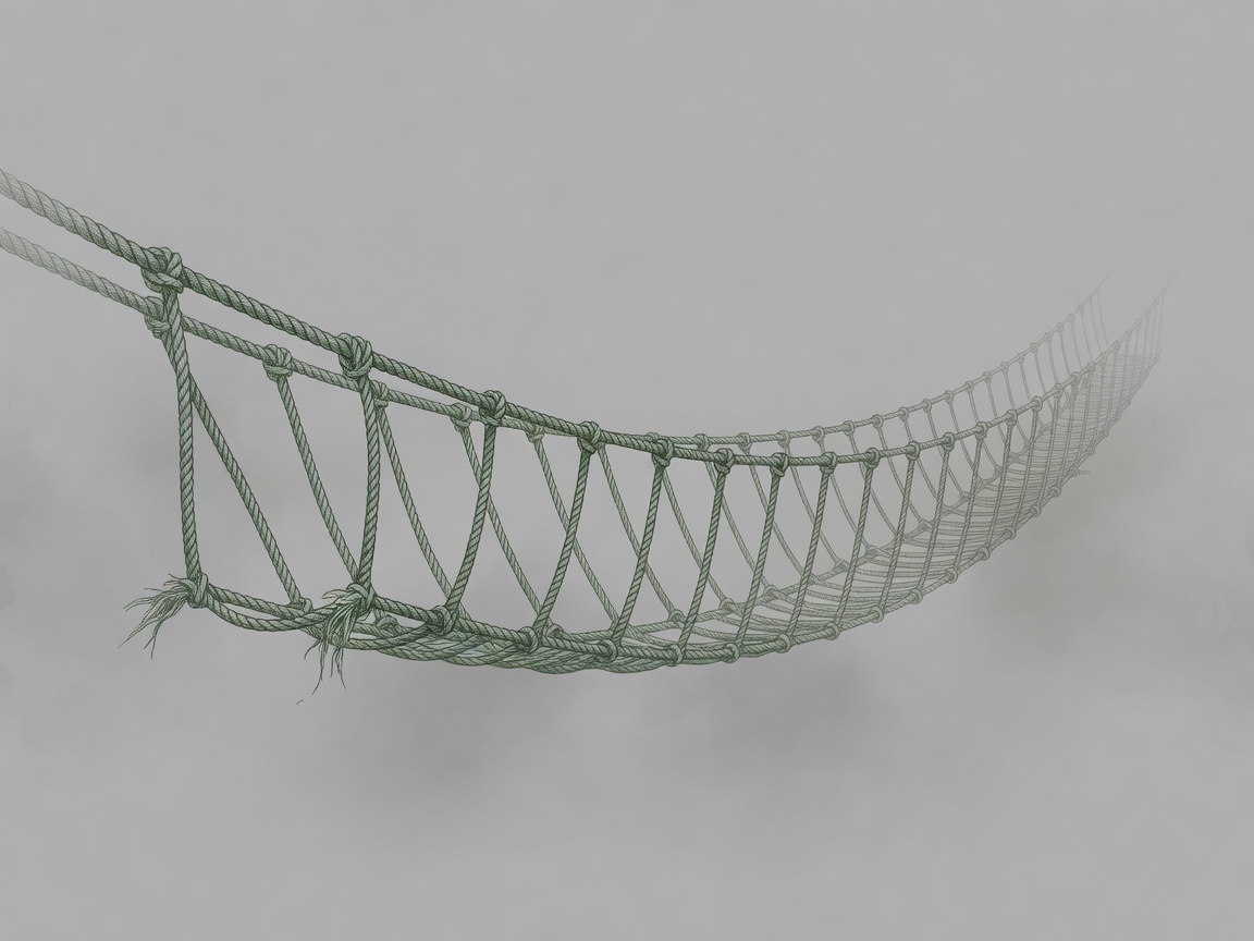 A precise scientific illustration rendered in fine hairline linework: a frayed rope bridge sagging under invisible weight, suspended in cold grey fog against...