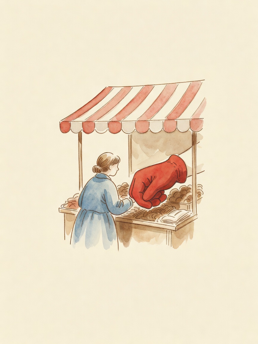 A hand-illustrated children's book plate rendered in warm sienna ink and gouache wash on cream paper: a small anonymous woman in a blue coat stands at a mark...