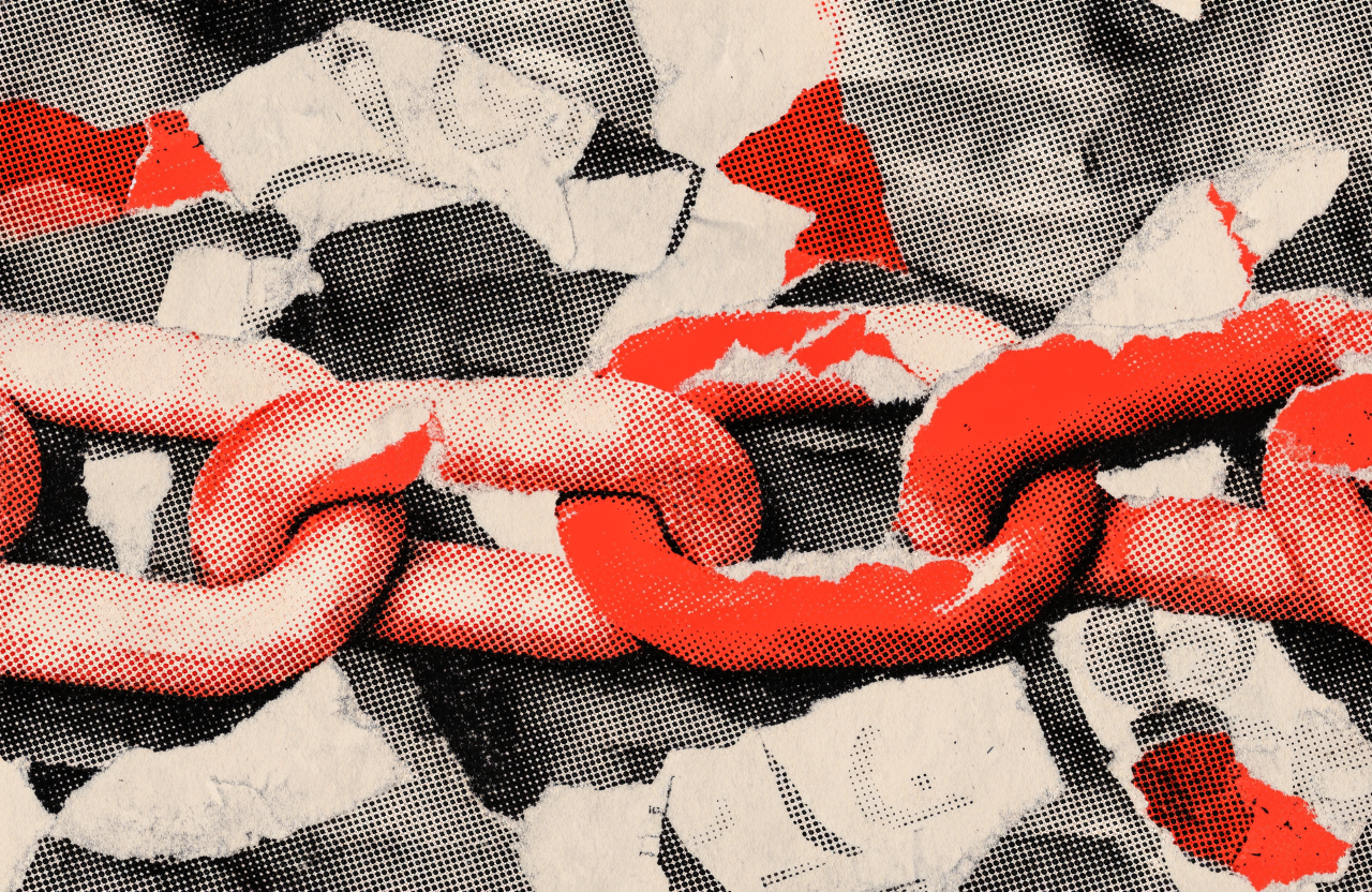 A chain built from torn scraps of photocopied paper, several links ripped clean through and drifting apart from the rest, high-contrast halftone print textur...