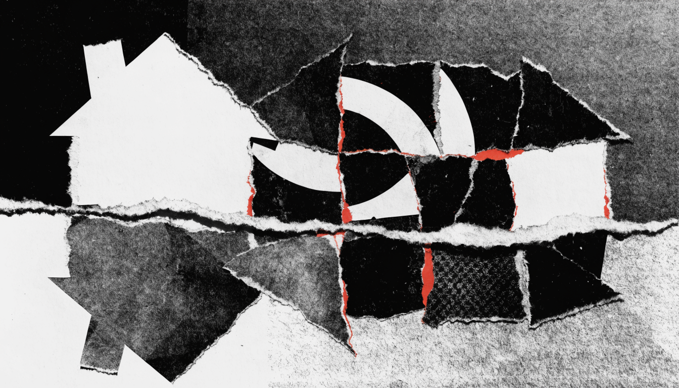 Punk zine cut-and-paste collage of a house silhouette torn into mismatched paper fragments, one half sinking below a jagged tear line as if the structure is...
