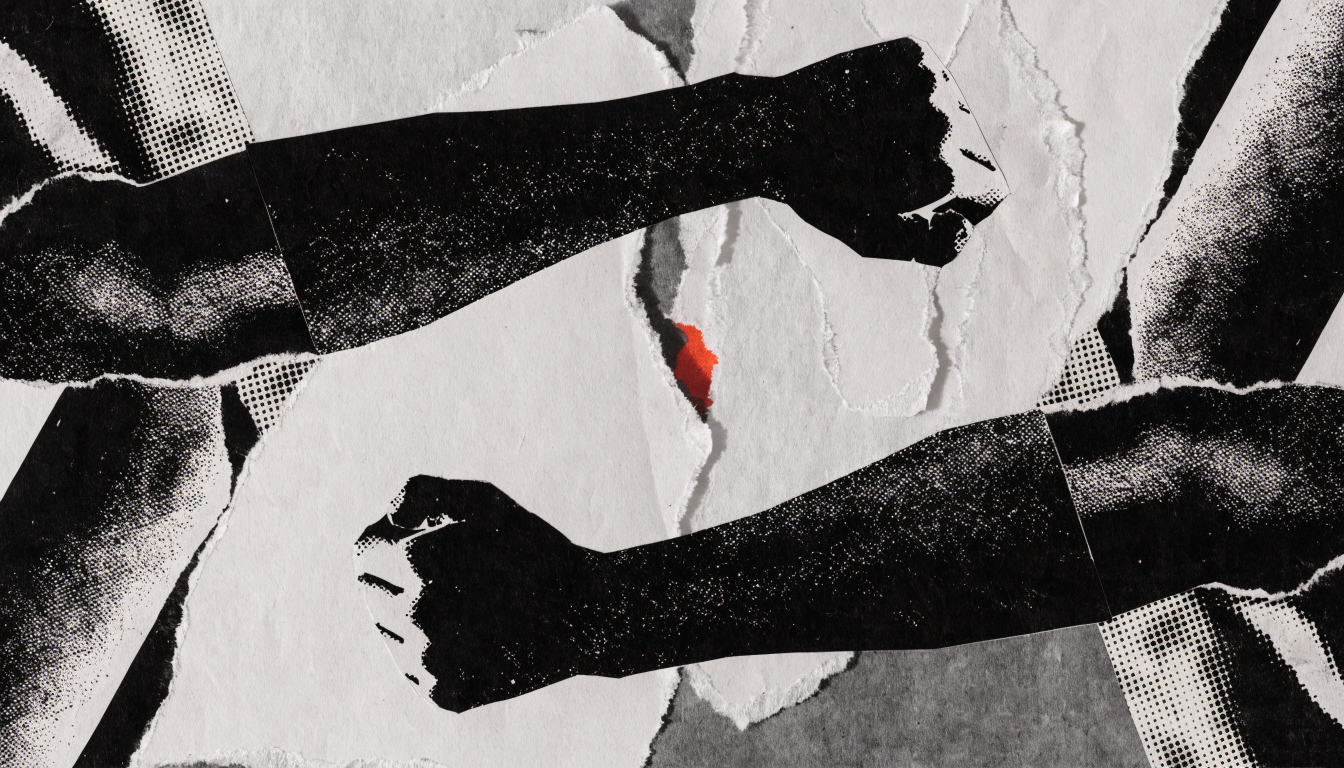 Collage of two cropped anonymous silhouetted arms rendered in stark photocopied halftone, pulling in opposite directions against a torn paper ground, hand-cu...