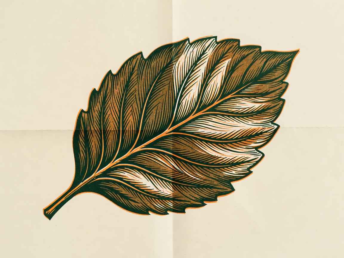 Hand-printed two-color riso illustration of a single sheet of paper mid-fold, its crease unfurling into the ribbed vein of a large leaf, deep green ink overp...