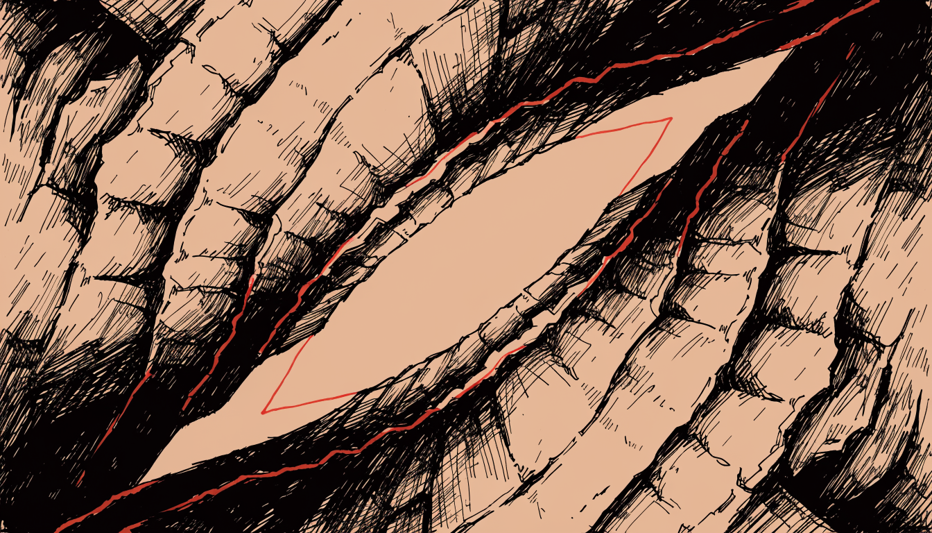Brutalist ink illustration of two massive curved bone-like plates converging toward a diamond-shaped negative space at their center, rendered in stark black...