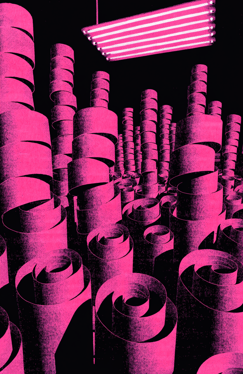 Two-color risograph print in fluorescent pink and black overprint, showing dozens of tightly curled paper spirals multiplying and stacking impossibly high ac...