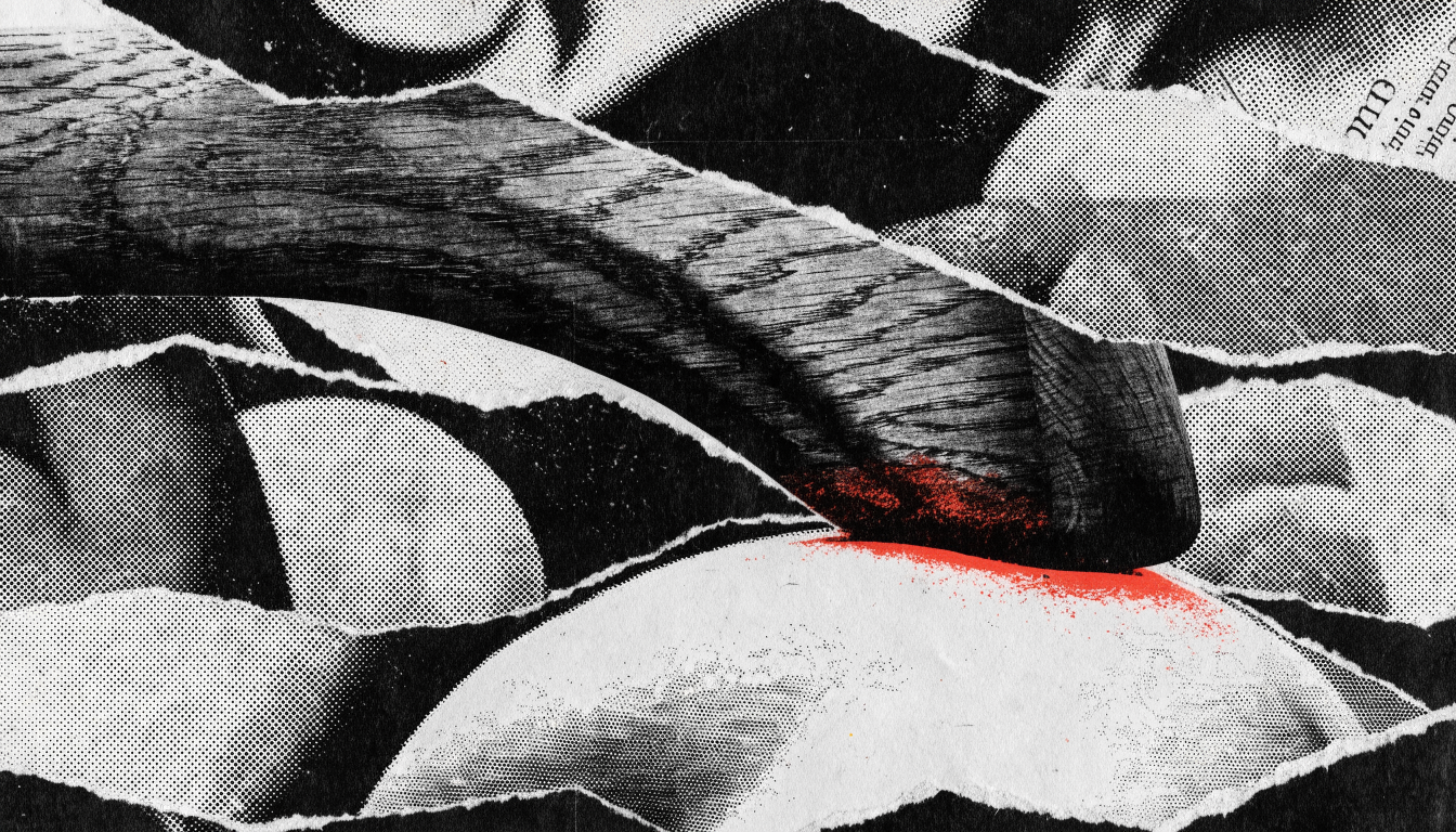 Punk zine cut-and-paste collage of a heavy curved wooden yoke pressing down onto an abstracted animal neck-form, torn photocopied paper fragments layered wit...