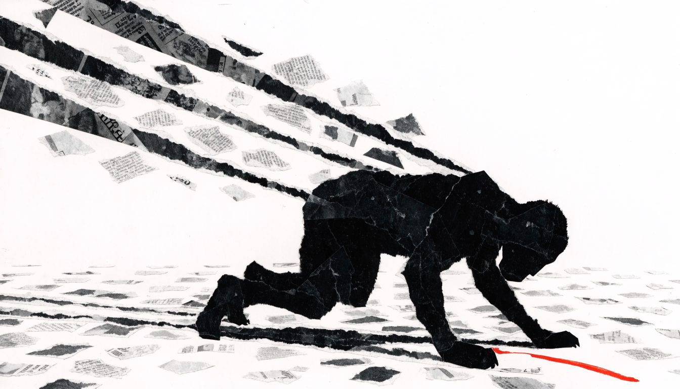 A hunched quadruped silhouette cut from black paper straining forward against taut harness lines rendered as jagged collage strips, photocopied grain and tor...