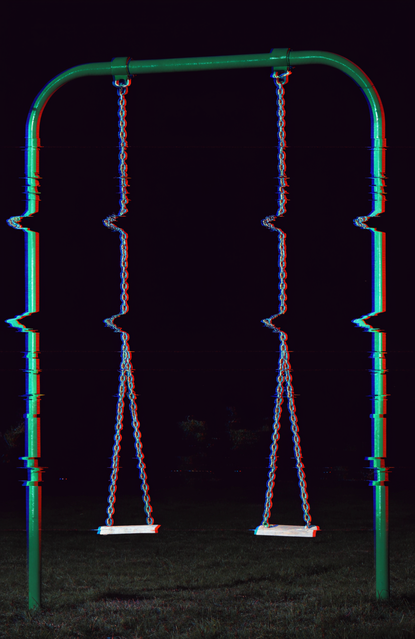 A digital glitch art rendering of a lone green swing set in a dark yard, its chains stretched impossibly long like taffy until the wooden seat touches the gr...