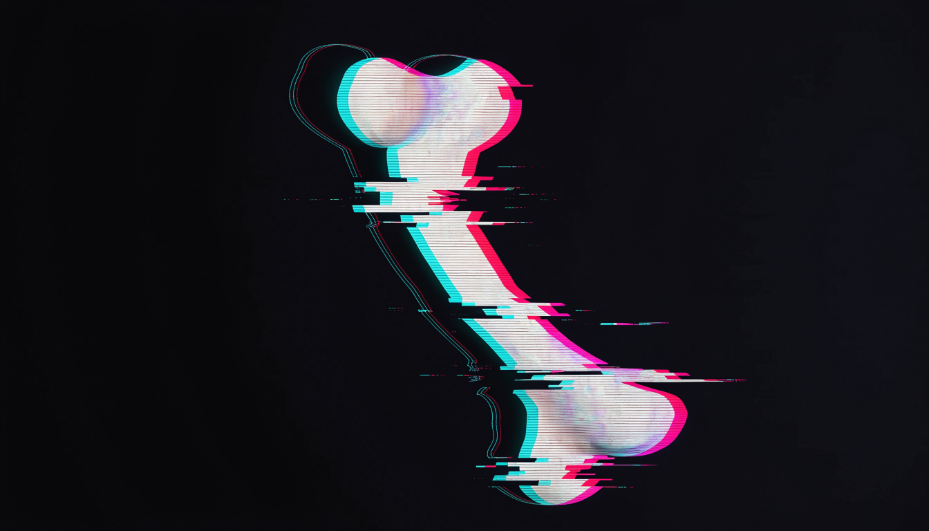 Digital glitch art of an invented bone form suspended in a dark void, its silhouette doubled by a faint offset contour that refuses to align, rendered in RGB...