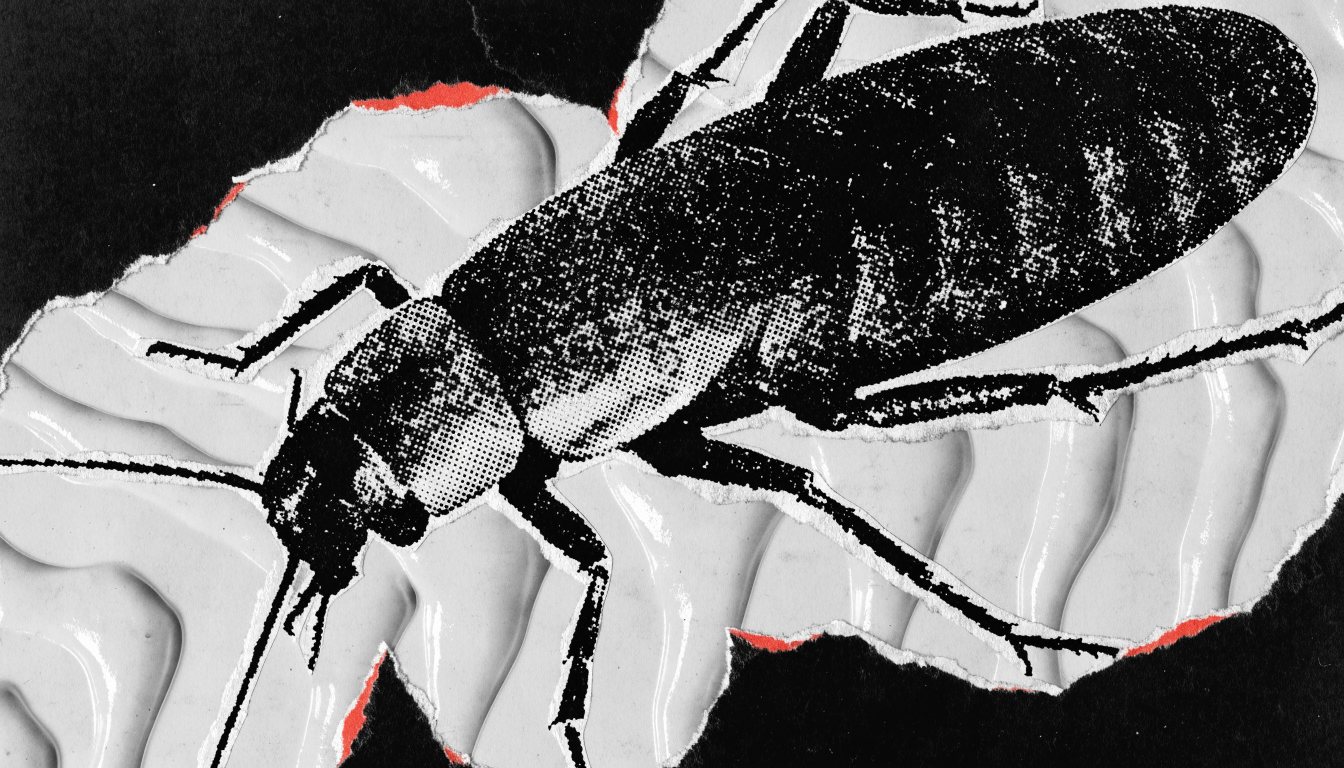 Punk zine cut-and-paste collage of an oversized cockroach silhouette, legs splayed mid-stride, torn from photocopied high-contrast halftone paper and pasted...