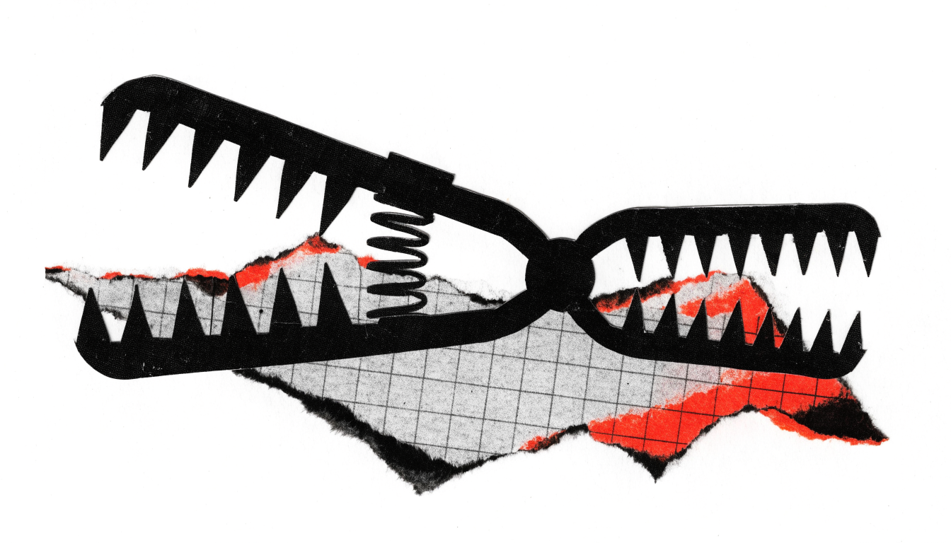 A mechanical spring-trap jaw rendered as a stark cut-paper silhouette, mid-snap, teeth interlocking on empty air, collaged over a torn strip of grid-lined pa...