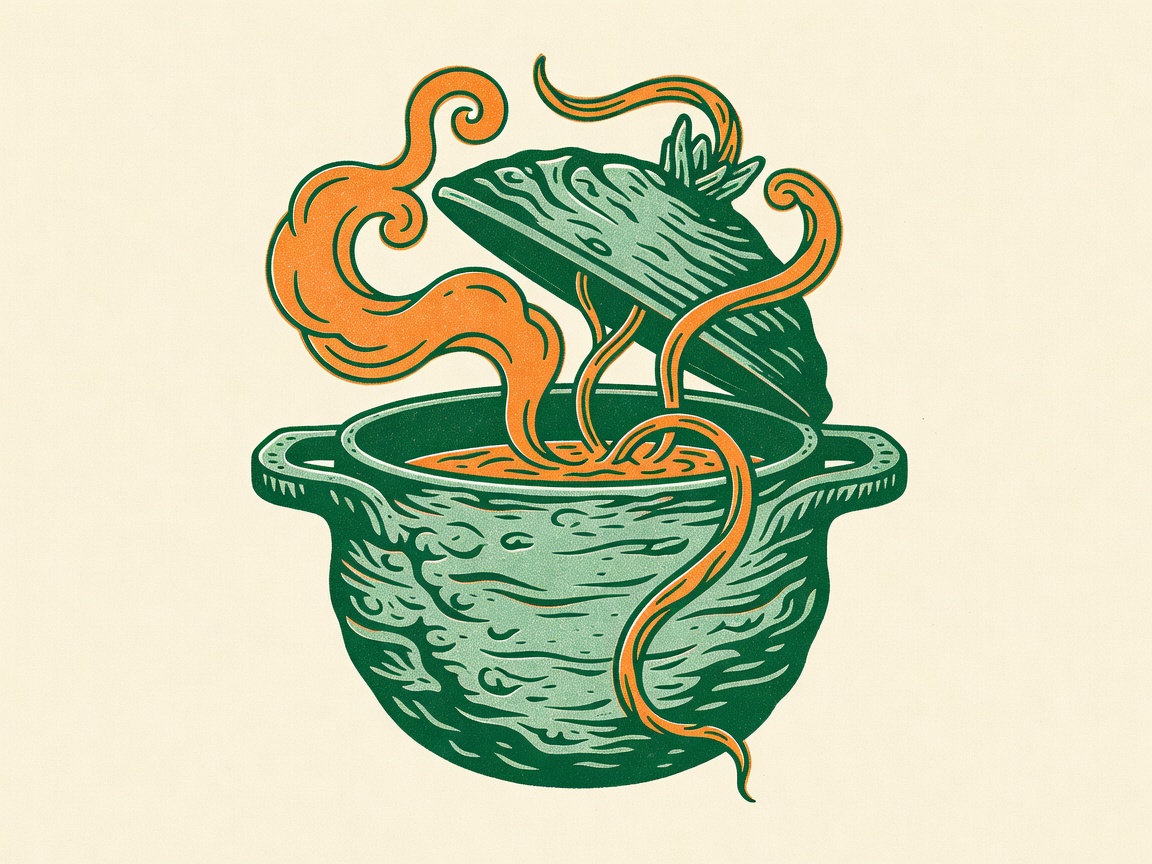 Two-color risograph zine illustration in deep green and warm orange on cream ground: a squat cast-iron pot reimagined as a rounded root vegetable, its lid ti...