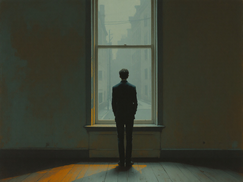 Edward Hopper composition of a single figure standing at a tall window, back to the viewer, gazing at a grey exterior street at dusk.